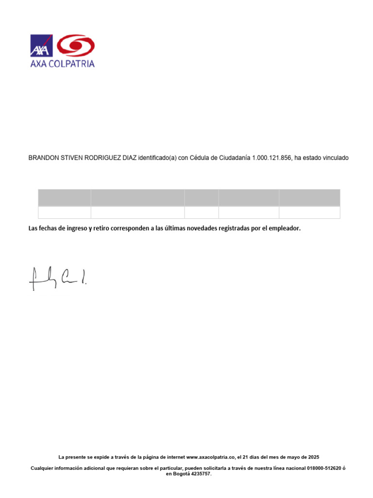 Certificación de Afiliación Laboral AXA | PDF