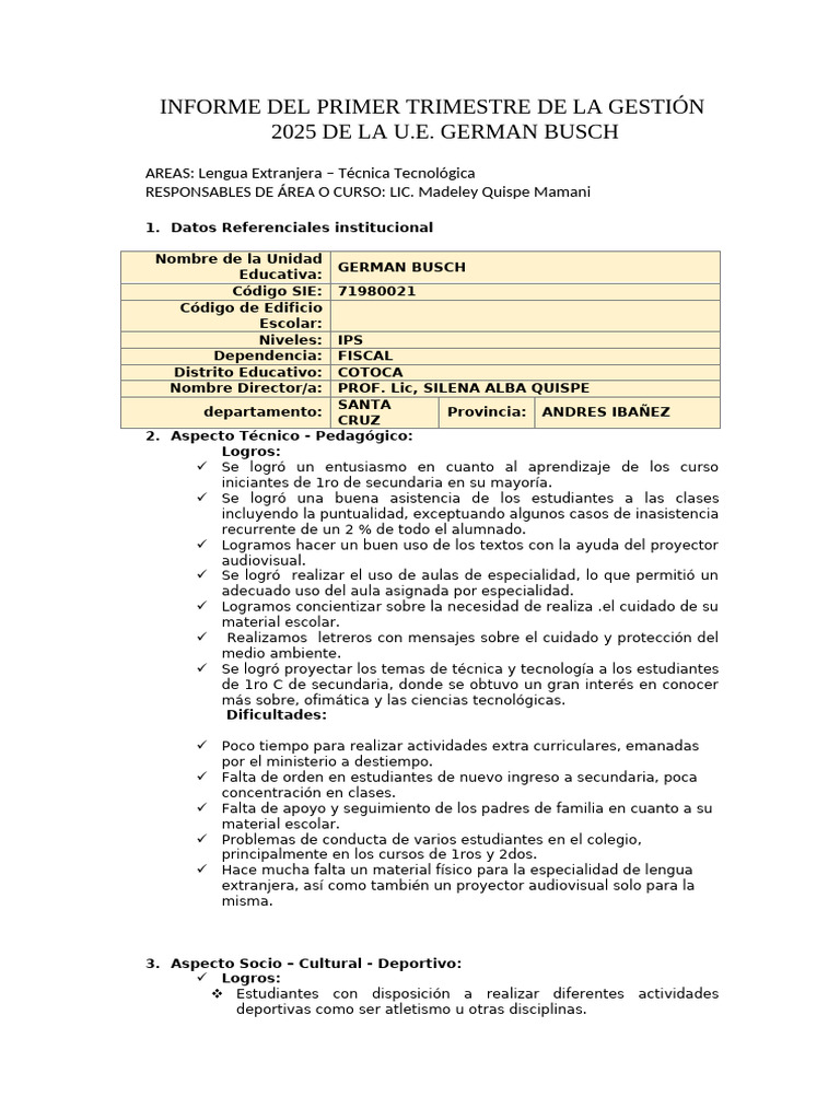 Informe Del 1er Trimestre Gb25-Lengua Extranjera | PDF | Aprendizaje