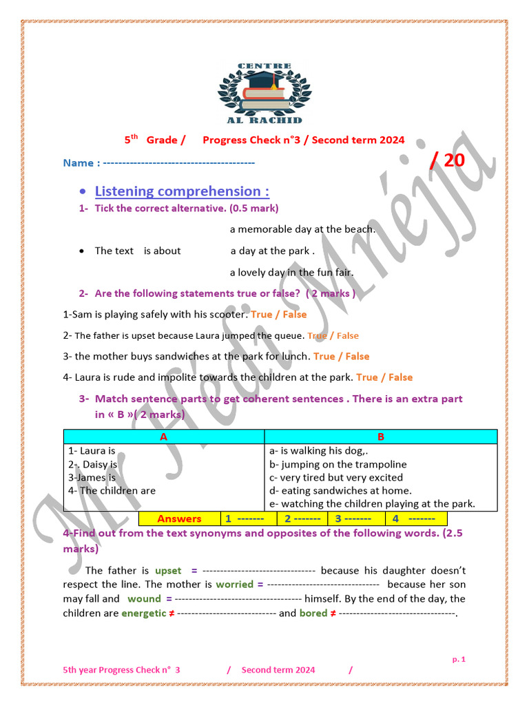 5th Grade Progress Check 3 Term 2 - 2024 | PDF