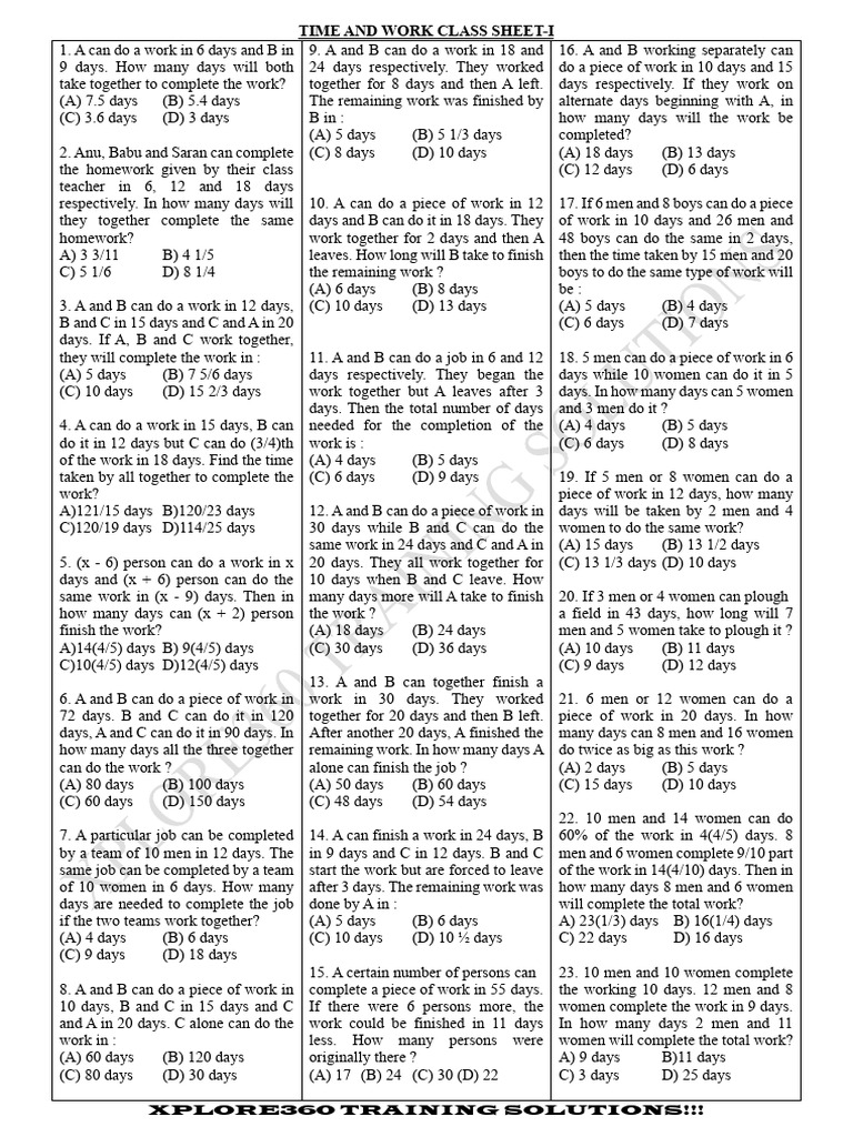 Time and Work Class Sheet-I | PDF