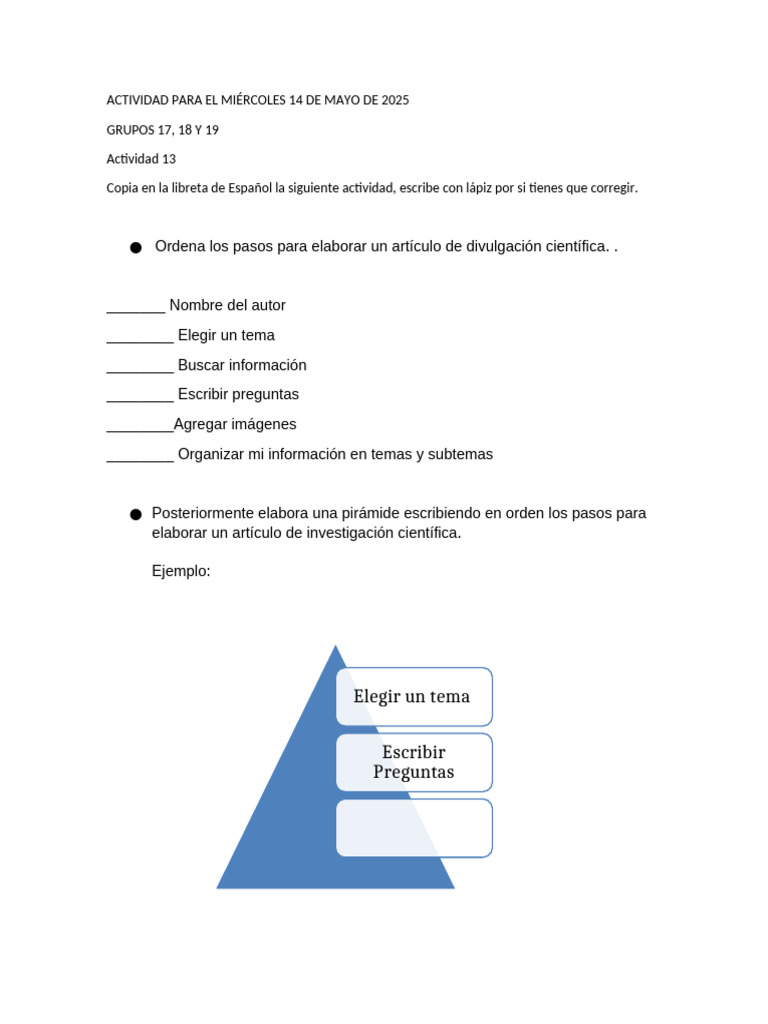 Actividad para El Miércoles 14 de Mayo de 2025 | PDF