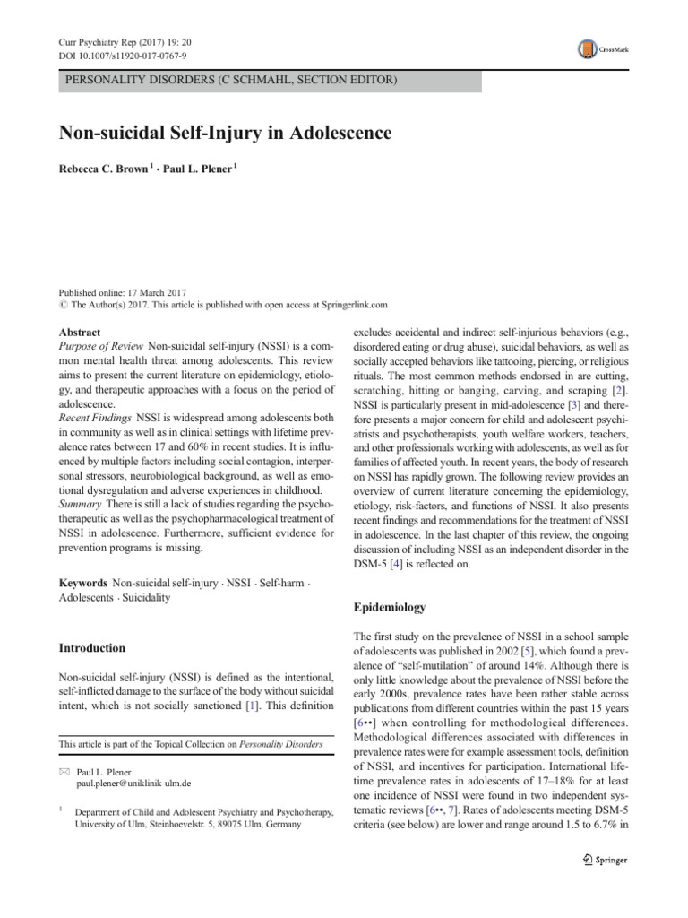 Non-Suicidal Self-Injury in Adolescents | PDF | Self Harm | Borderline ...