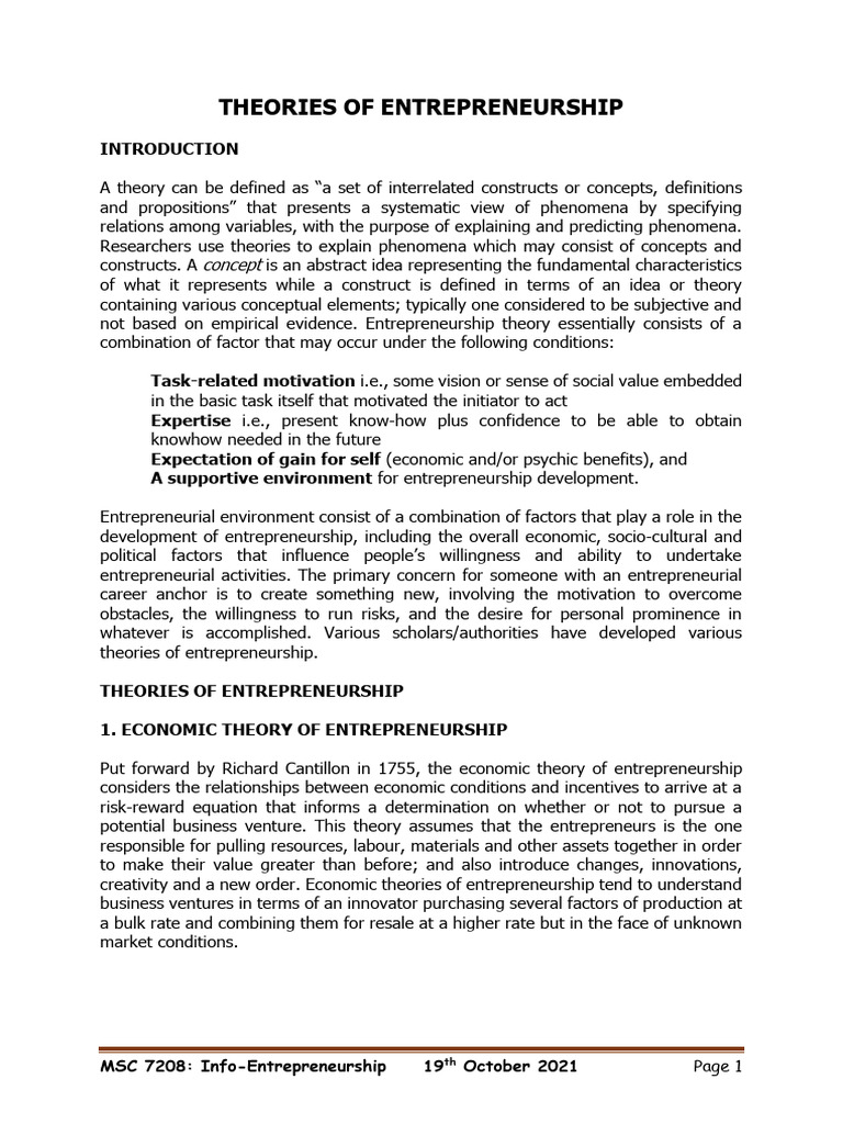 Theories of Entrepreneurship Explained | PDF | Entrepreneurship ...