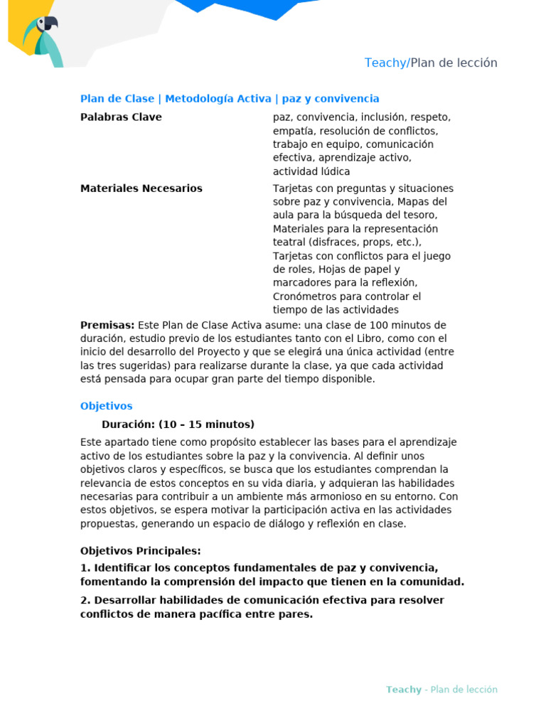 Plan de Clase: Paz y Convivencia Activa | PDF | Paz | Salón de clases
