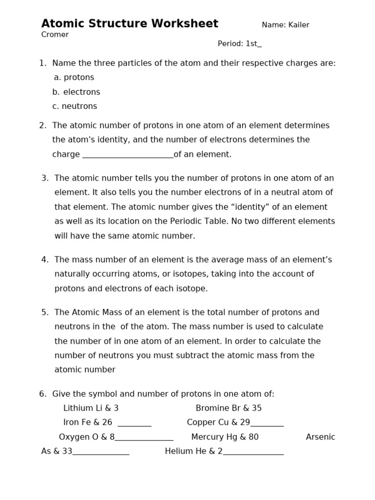 Atomic Structure and Isotope Worksheet | PDF | Chemical Elements | Atoms