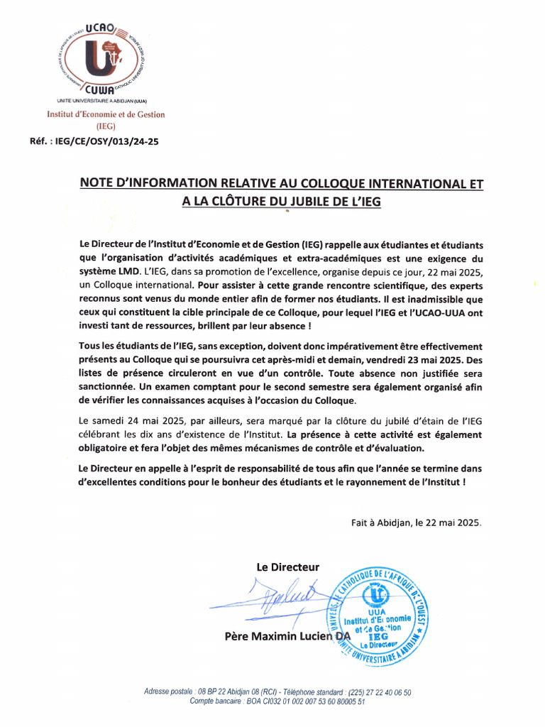 Note D'information Colloque Et Clôture Jubilé | PDF