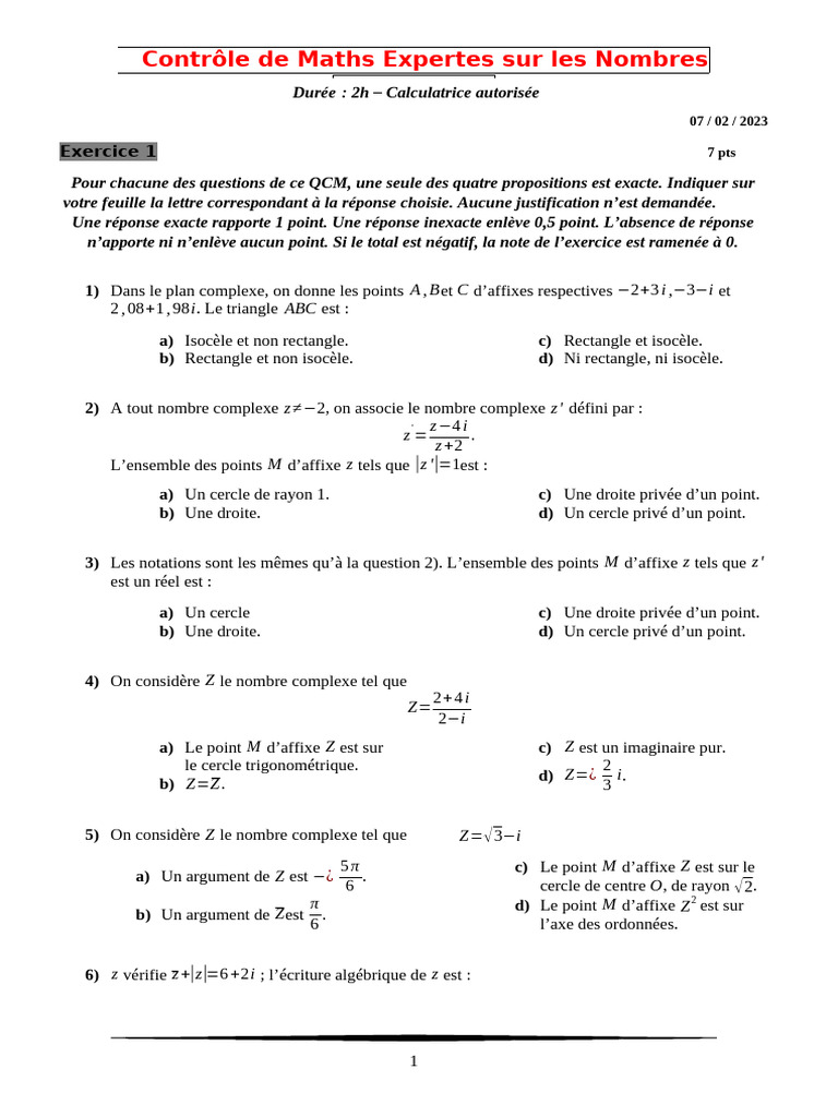 Contrôle de Maths : Nombres Complexes | PDF | Nombre complexe | Algèbre ...