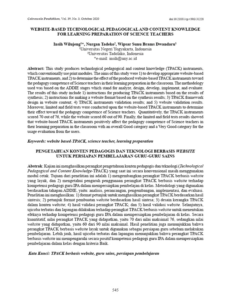 Website-Based TPACK for Science Teachers | PDF | Teachers | Pedagogy