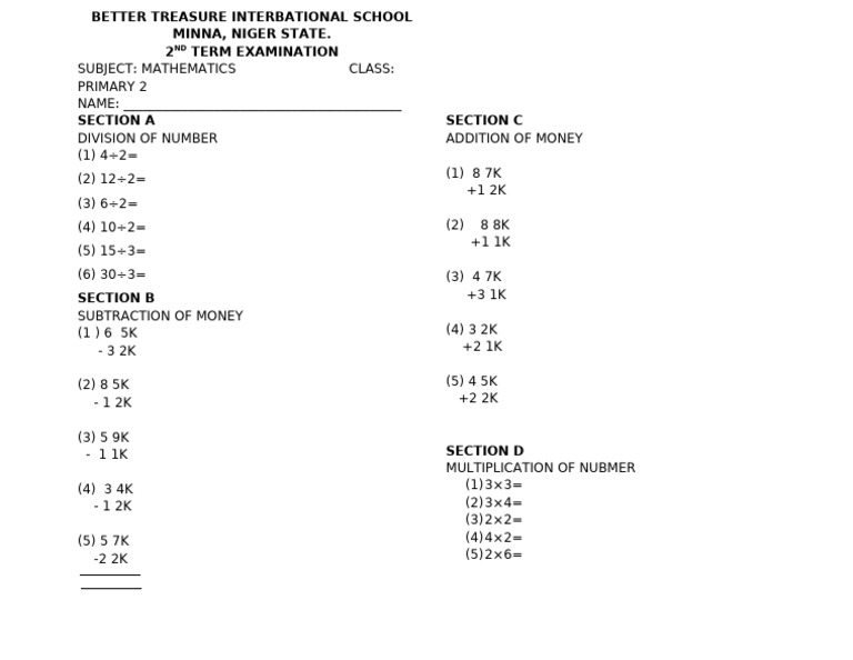 Primary 2 Mathematics Exam Paper | PDF