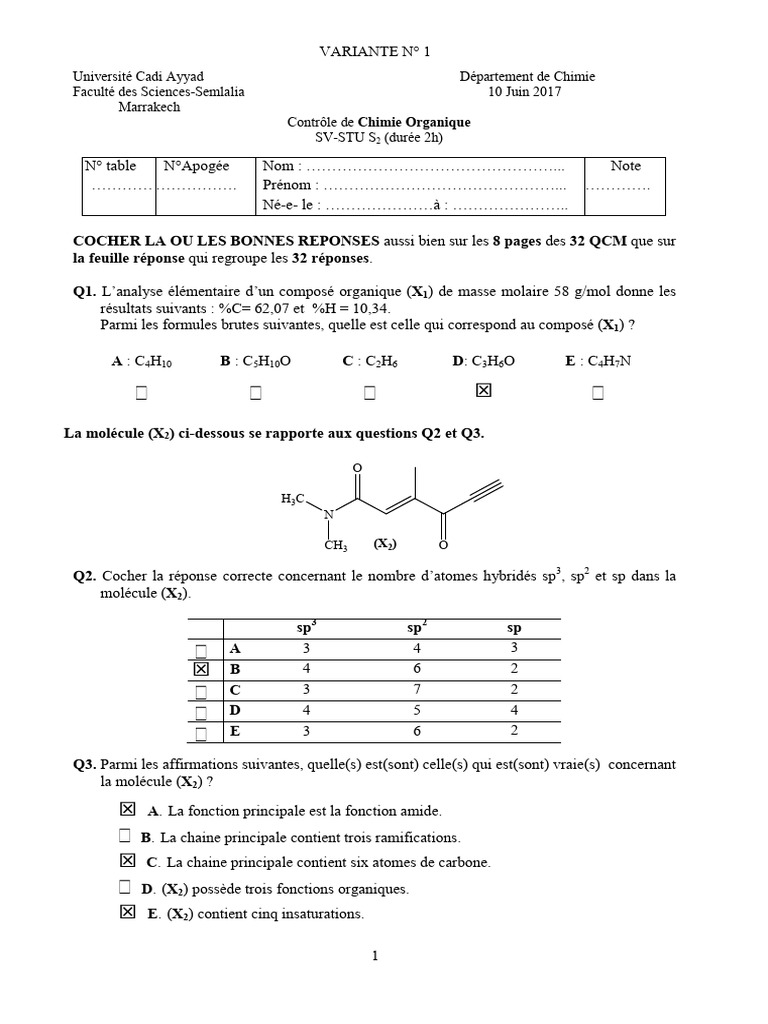 Contrôle de Chimie Organique S2 2017 | PDF | Isomère | Espace