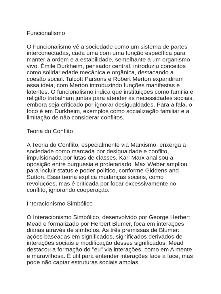 Correntes Sociológicas: Funcionalismo e Conflito | PDF