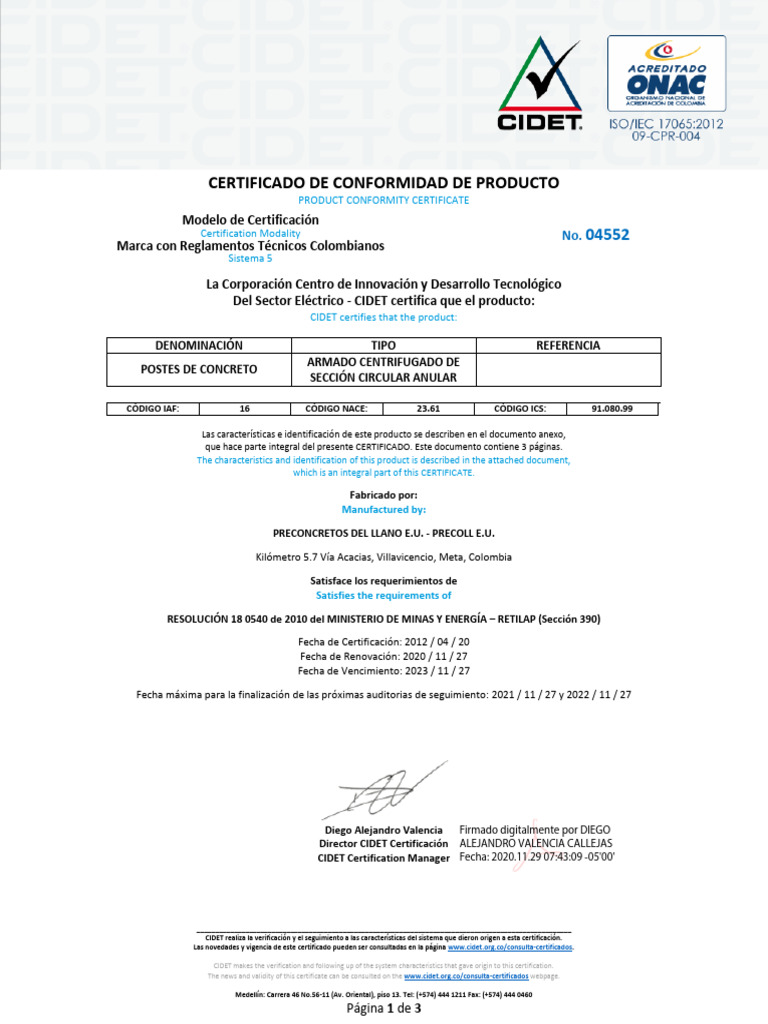 Precoll Certificado Postes de Concreto 04552 | PDF