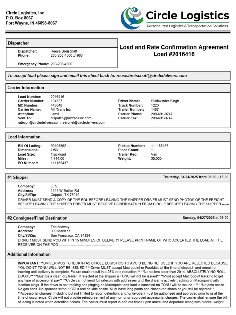 Load and Rate Confirmation Agreement Load #2016416: Circle Logistics ...