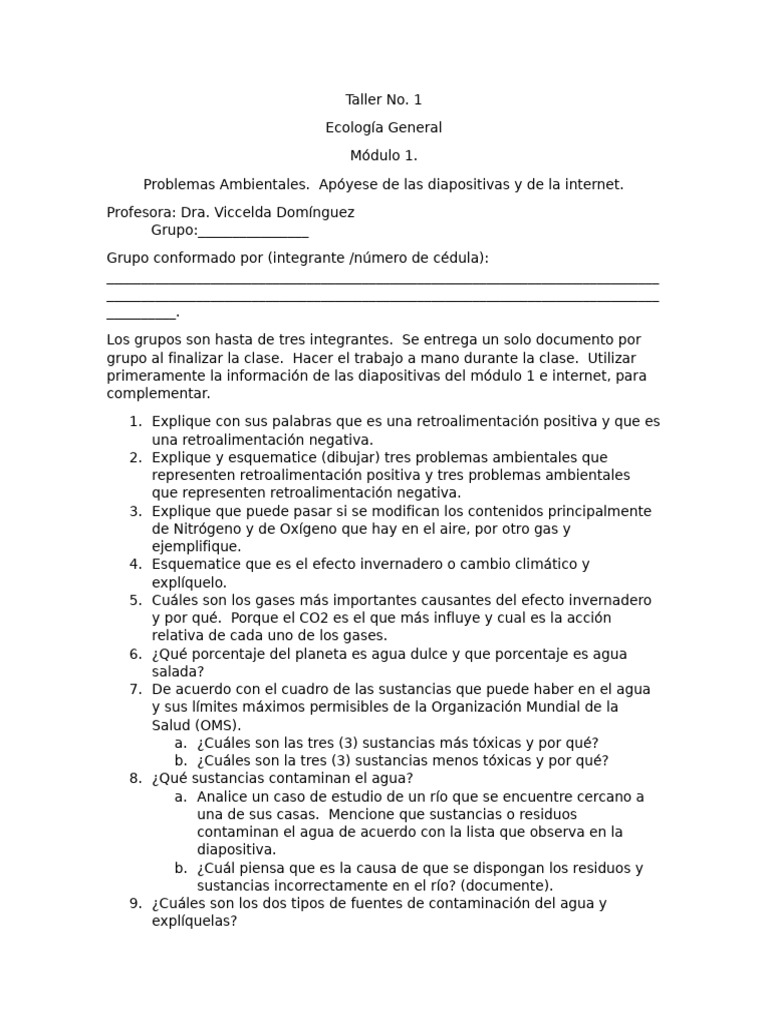 Taller No 1 Ecología General | PDF | Agua | Entorno natural