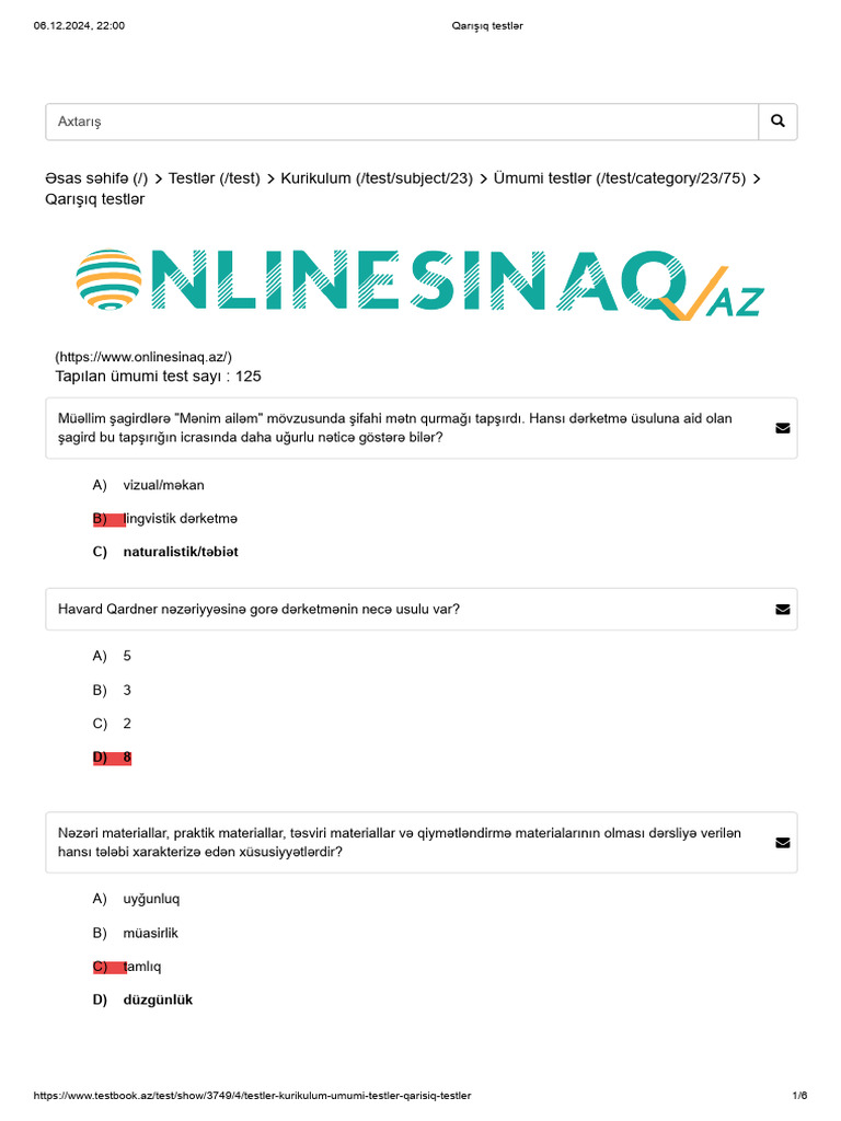 Əsas Səhifə (/) Testlər (/test) Kurikulum (/test/subject/23) Ümumi ...