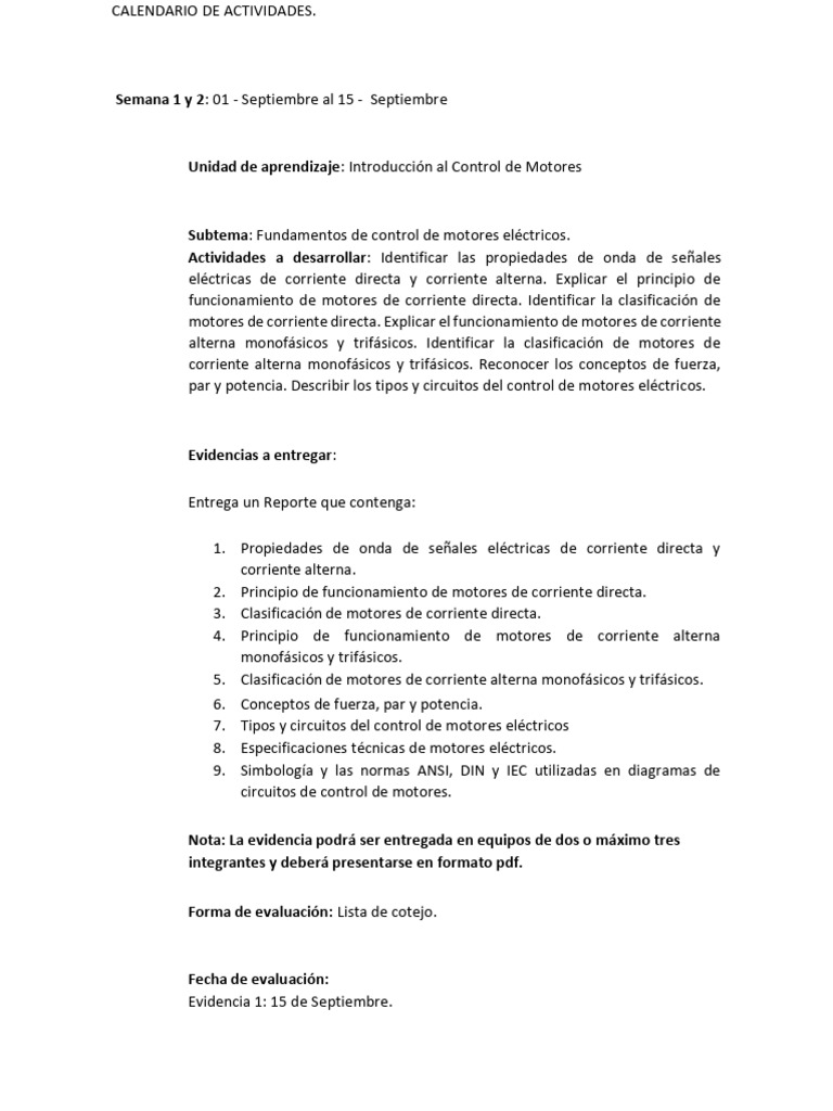 Calendarización CME - SEP - 21 | PDF | Corriente continua | Motor eléctrico