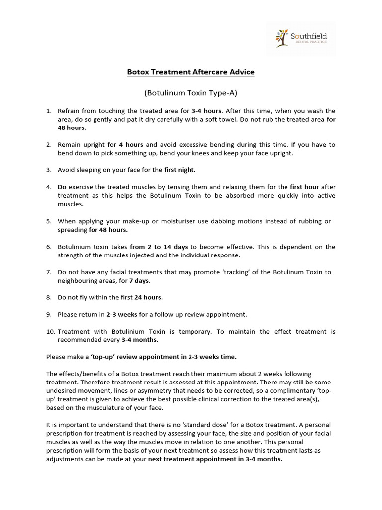 Botox Aftercare Guidelines and Tips | PDF | Botulinum Toxin | Medical ...