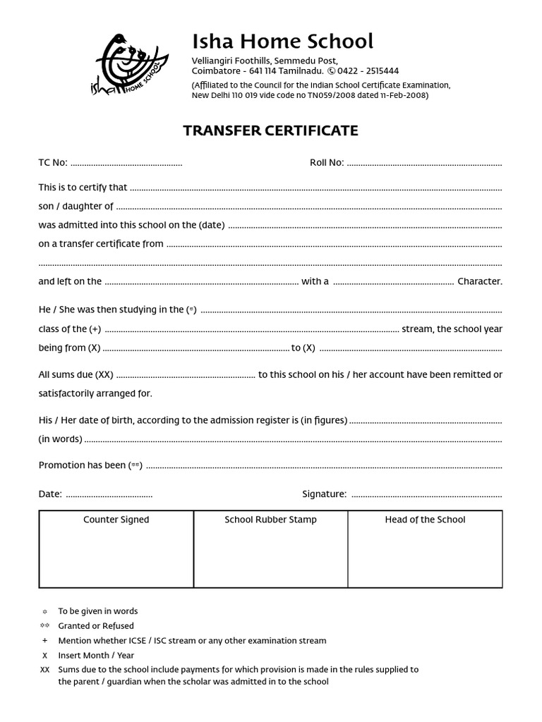 Transfer Certificate Template for Schools | PDF