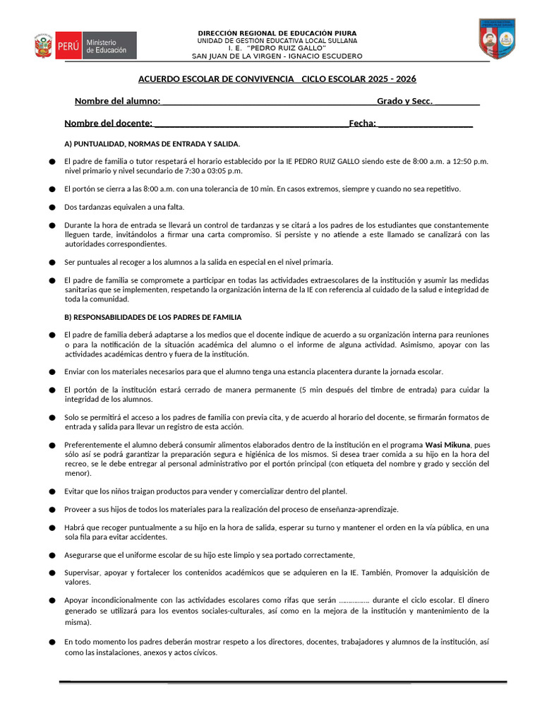 Acuerdo de Convivencia Escolar 2025 | PDF | Escuelas | Ropa
