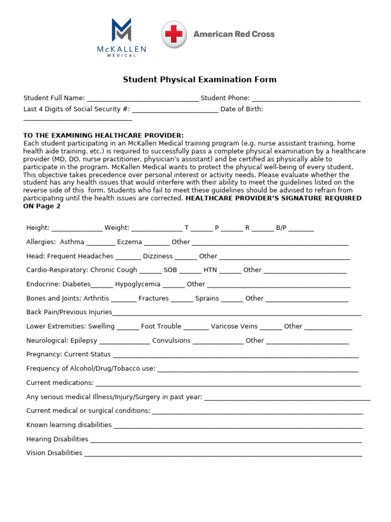 Student Physical Exam & TB Screening Form | PDF | Hepatitis B ...