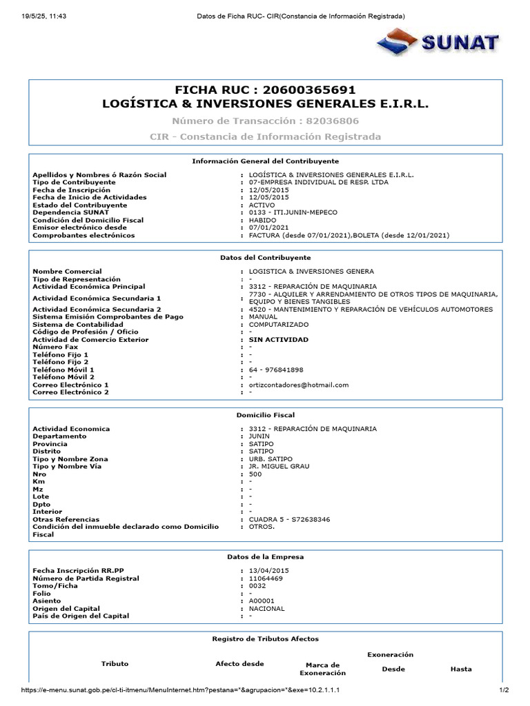 FICHA RUC LOGISTICA (1) | PDF | Industrias de servicio