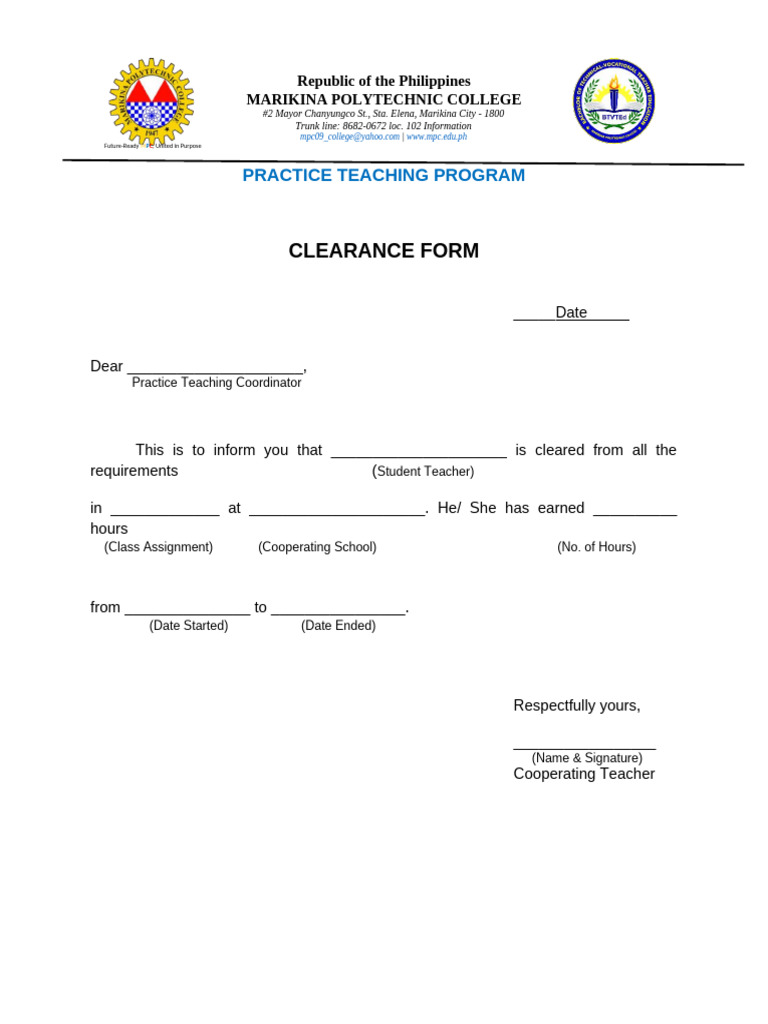 Marikina Polytechnic College Practice Teaching Clearance Form | PDF