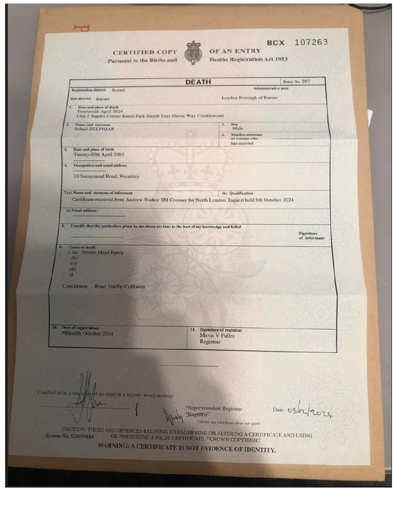 Death Certificate - Sohail Zulfiqar | PDF