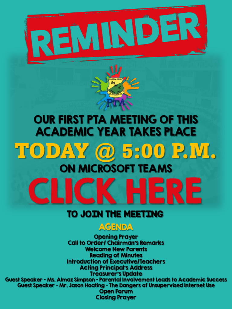 PTA Meeting TODAY at 5PM. Click The Link in The Flyer To Join | PDF