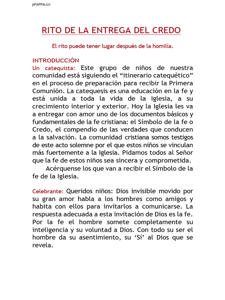 Rito de Entrega del Credo en Comunión | PDF | Fe | eucaristía