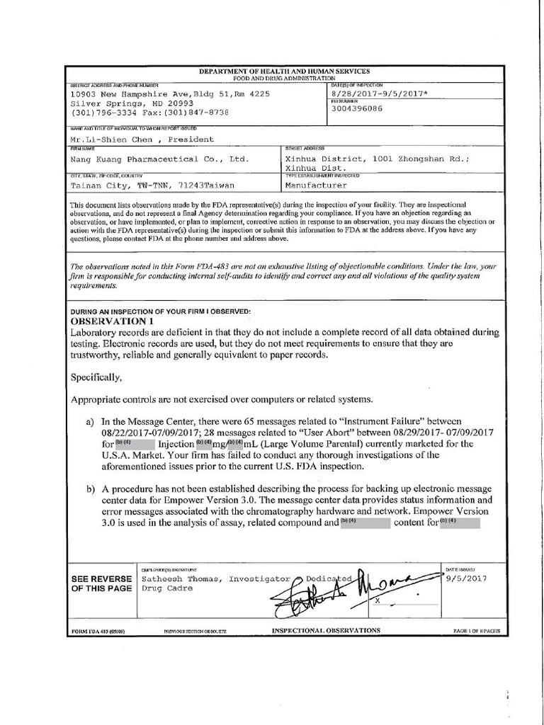 FDA Inspection Observations for Nang Kuang | PDF | Food And Drug ...