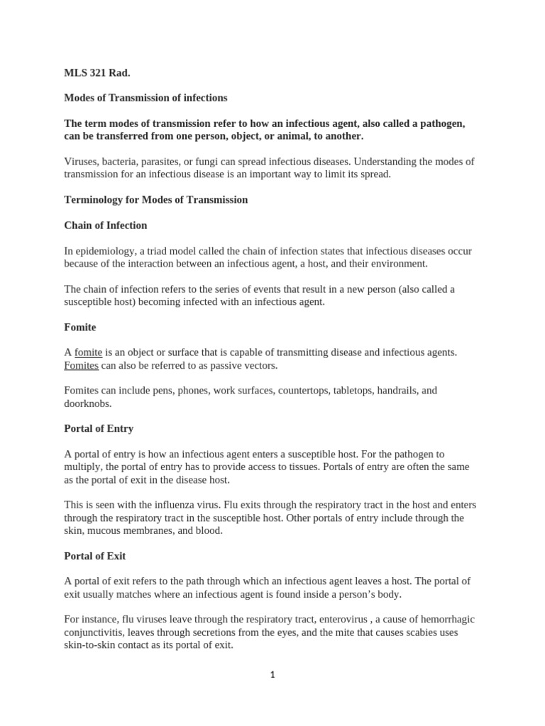 MLS 321 Modes of Transmission RAD | PDF | Infection | Pathogen