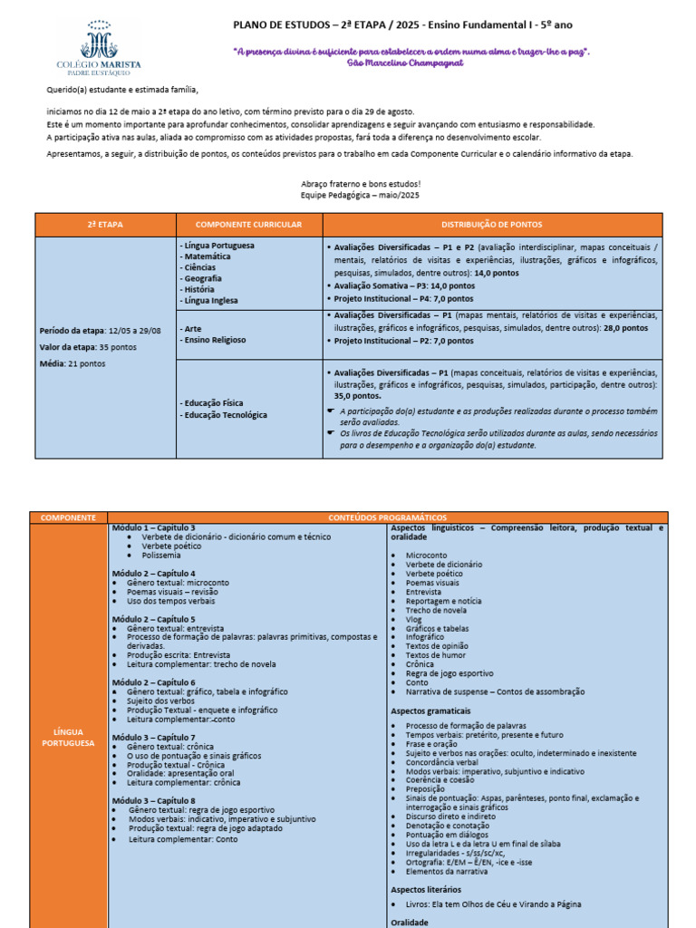 Plano de Estudos 5º Ano - 2ª Etapa 2025 | PDF | Danças | Assunto ...