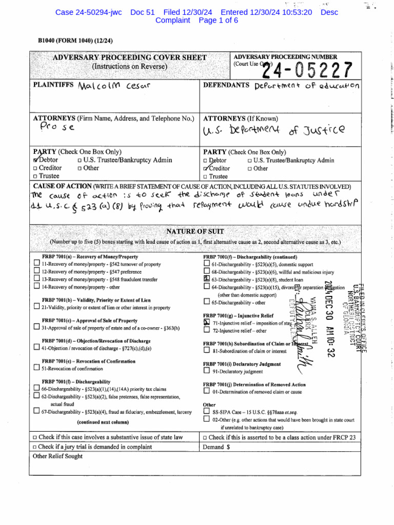Adversary Proceeding Cover Sheet Form | PDF | Student Loans In The ...