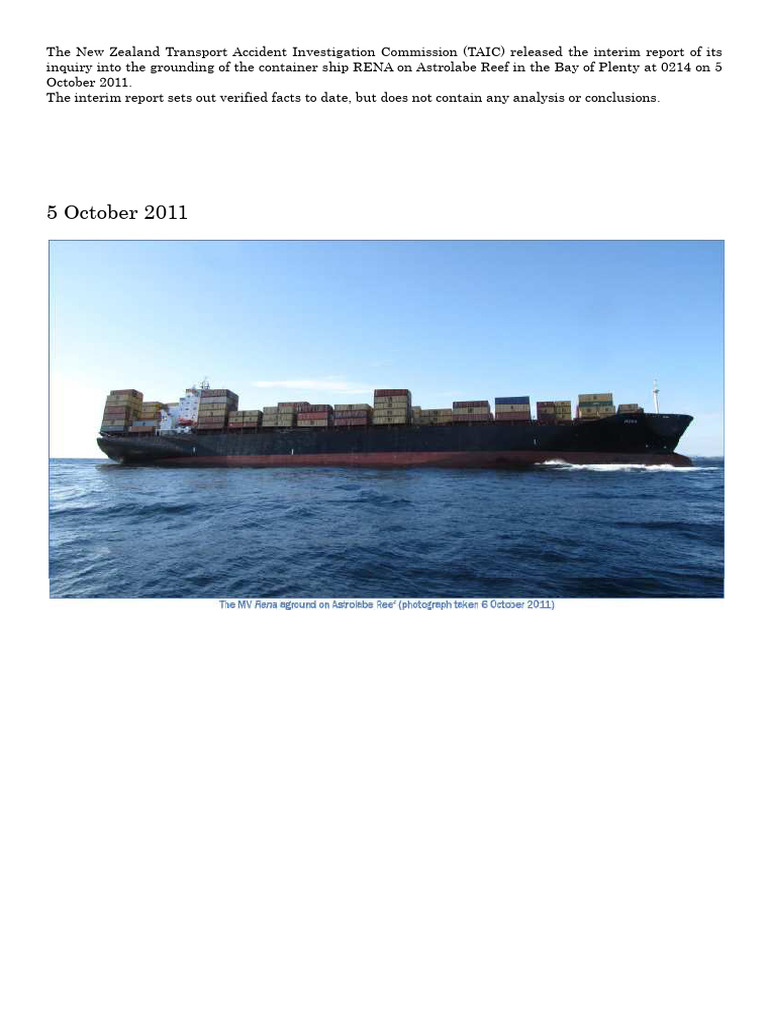 MV Rena Grounding Interim Report | PDF | Water Transport | Ships