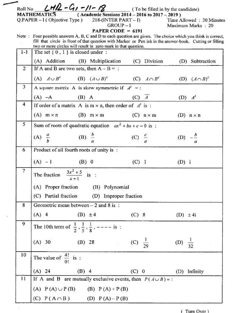 Mathematics 11 LHR (G1 G2) 18 | PDF