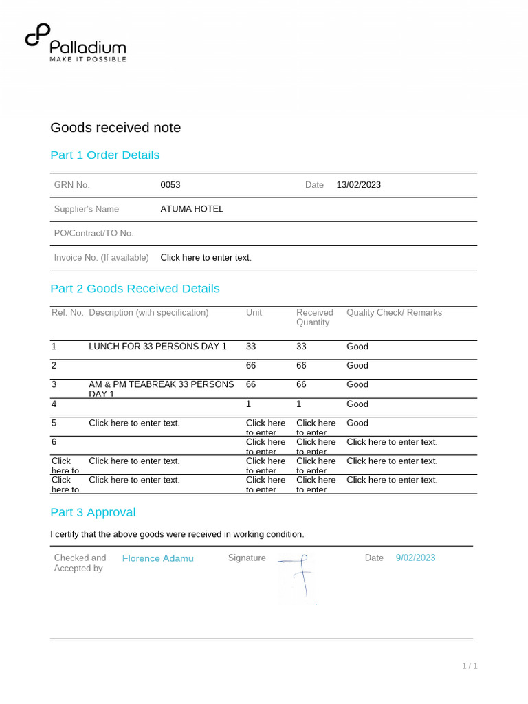 Goods Received Note for ATUMA HOTEL | PDF