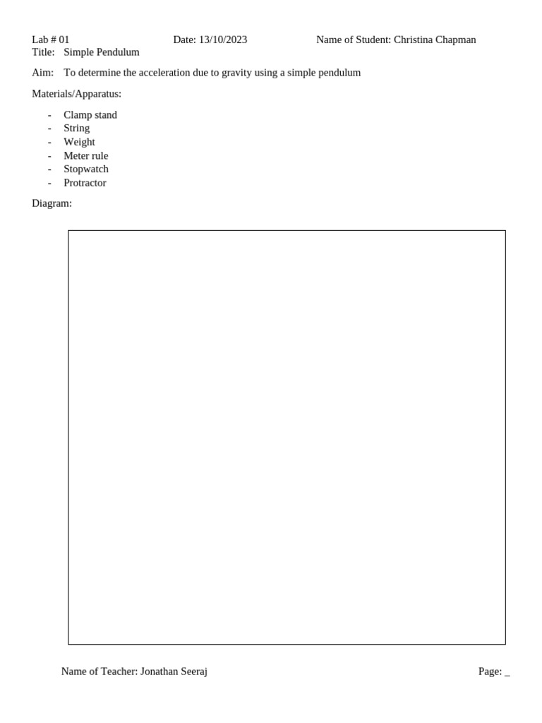 Christina Chapman 10s Simple Pendulum Lab#1 | PDF | Pendulum | Physics