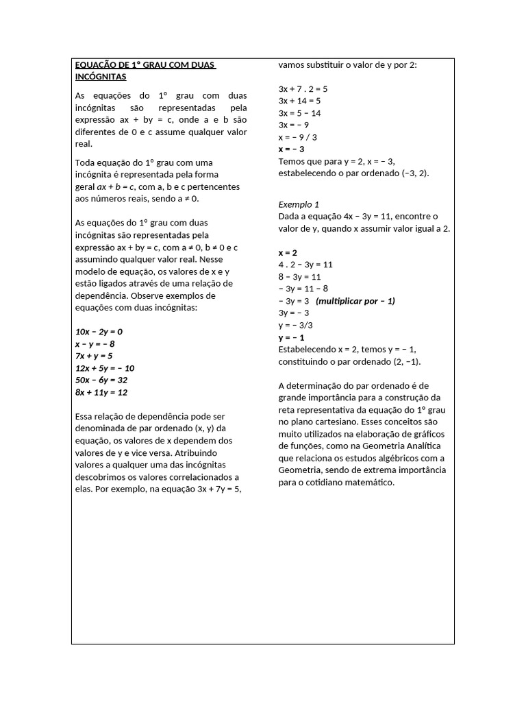 Equação do 1º Grau com Duas Incógnitas | PDF | Equações | Matemática