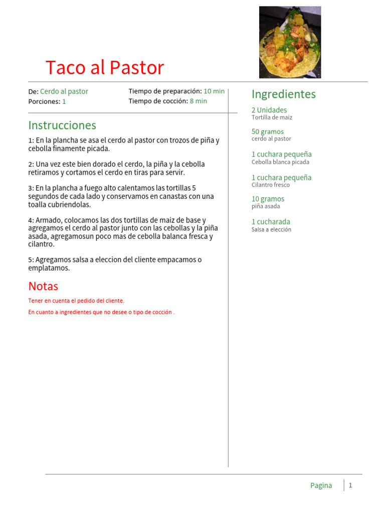 Tiempo de preparación del Taco al Pastor | PDF