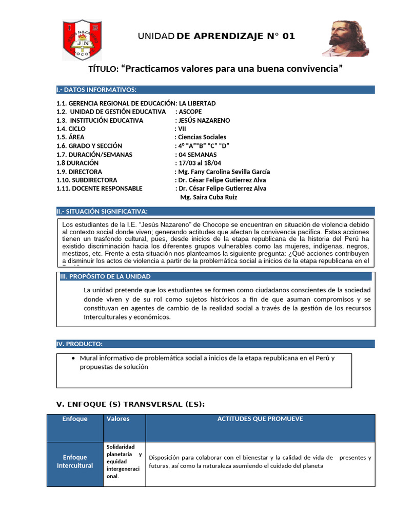 Unidad de Aprendizaje 01 CCSS 4to | PDF