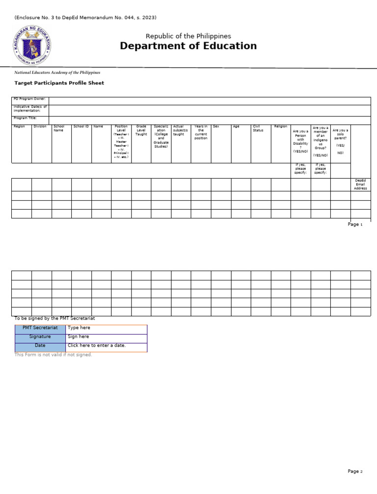 DepEd Participant Profile Sheet 2023 | PDF