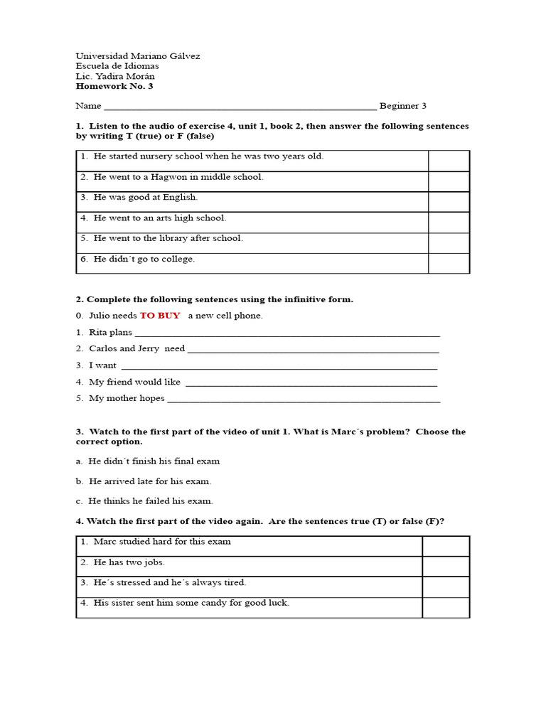 Beginner English Homework Exercise | PDF
