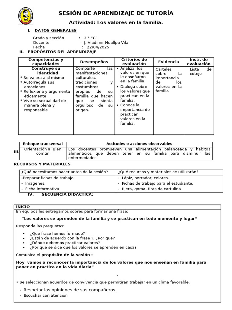 Ses Tutoria Los valores en la familia | PDF | Evaluación | Amor