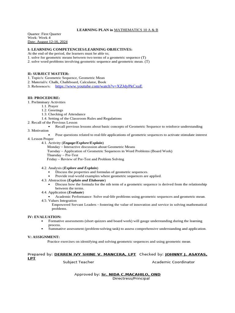 Geometric Sequences Learning Plan | PDF | Geometry | Education Theory