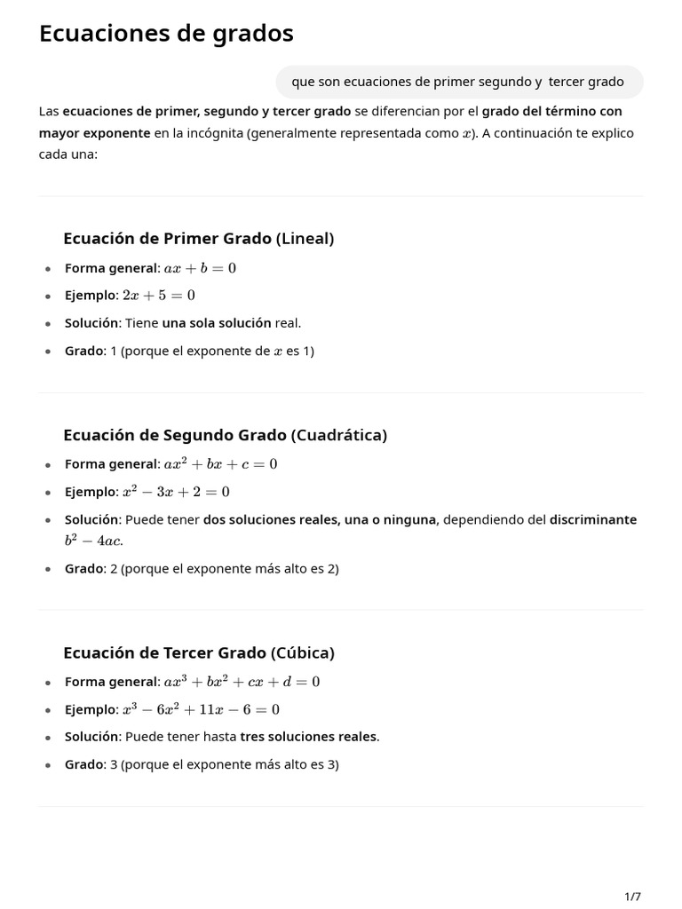 Grados de Ecuaciones: Primer, Segundo y Tercer Grado | PDF | Ecuaciones ...