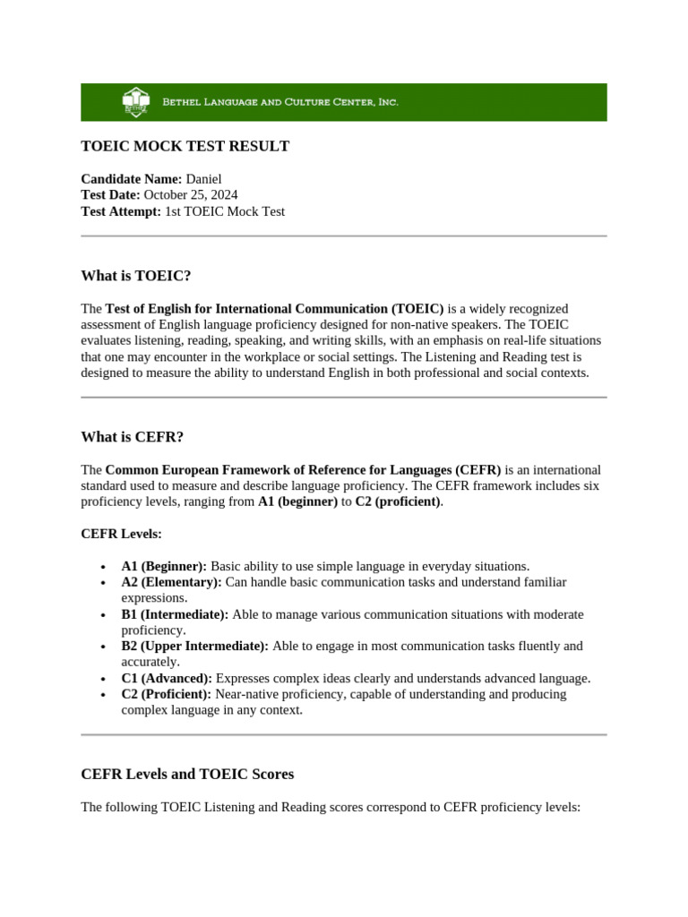 Daniel's A2 TOEIC Mock Test Results | PDF | Reading Comprehension ...