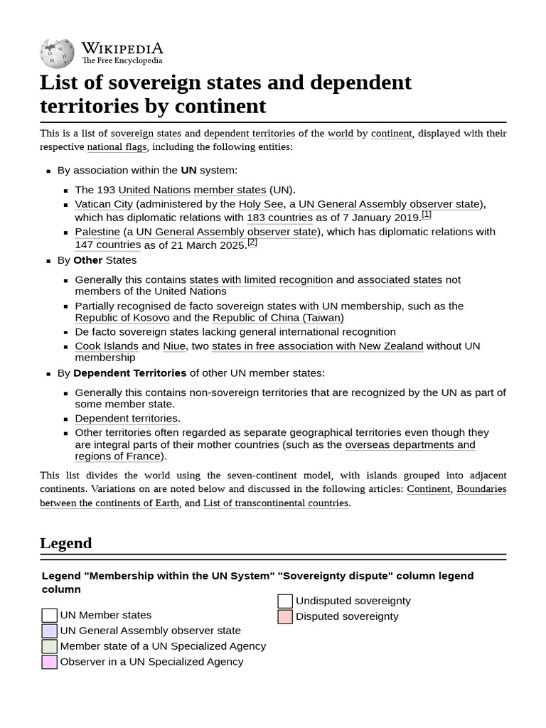 List of sovereign states and dependent territories by continent | PDF ...