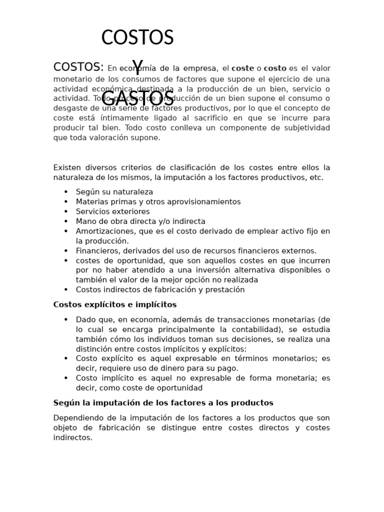 Clasificación de Costos y Gastos Empresariales | PDF | Costo | Ciencias ...