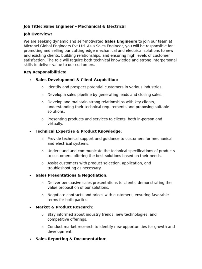 Sales Engineer Position at Micronel Global | PDF | Sales | Human ...