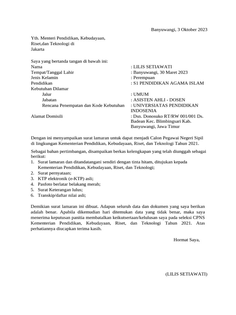Surat Lamaran CPNS Dosen Banyuwangi | PDF